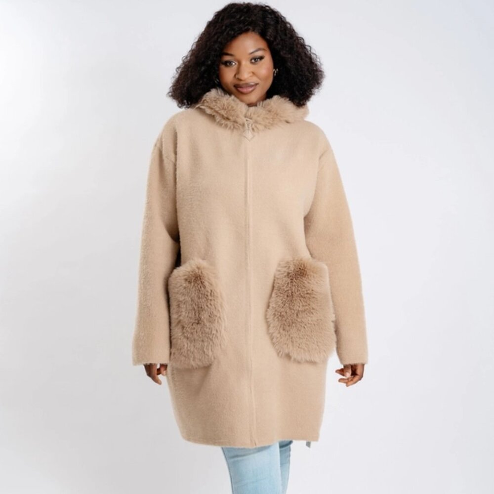 Khaki Tan Colored Fur Hooded Sweater Coat